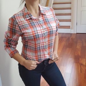 J Crew L/S Orange Pink Navy Seersucker Plaid Shirt